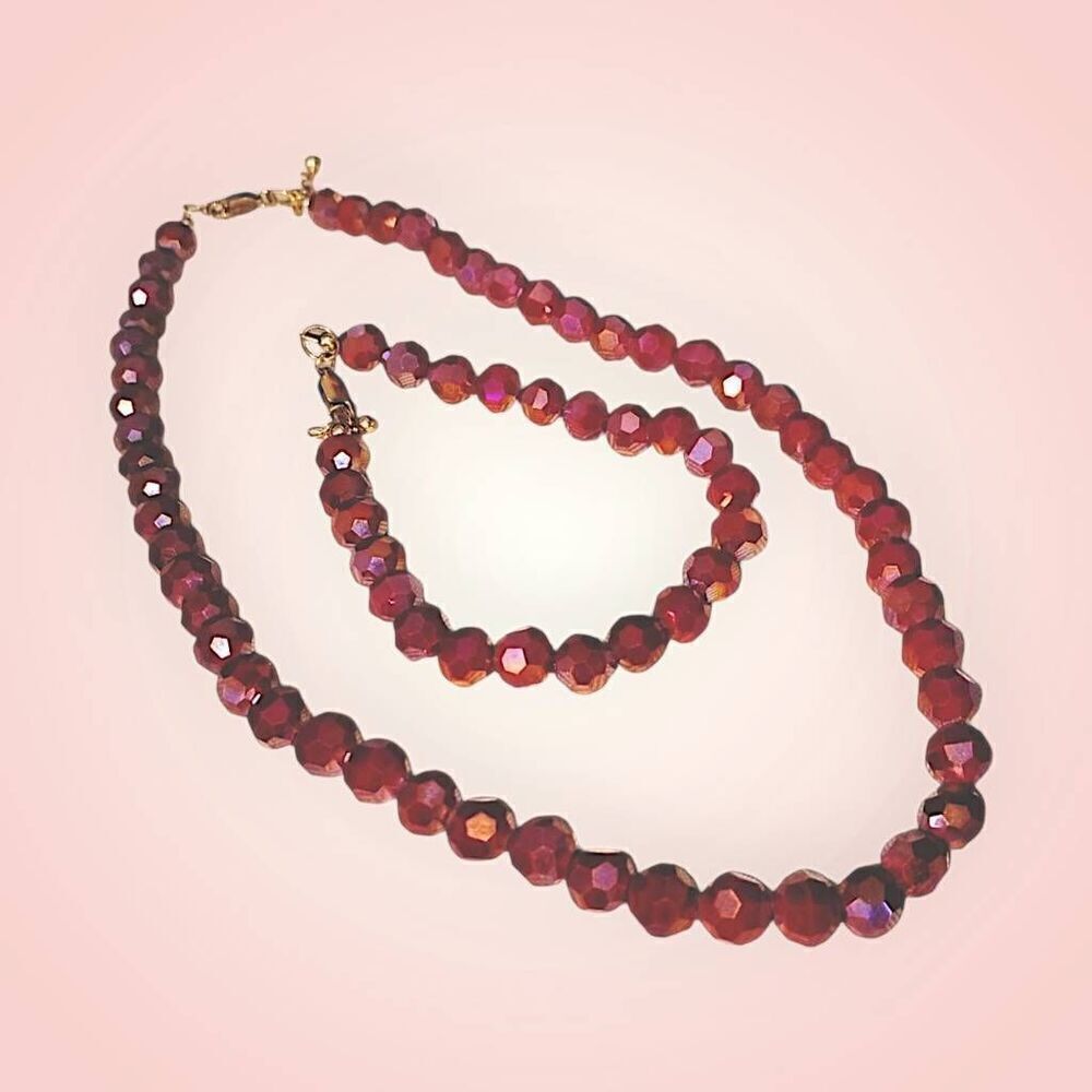 Hand‎ Crafted Ruby Faceted Crystal Cut Glass Beads Necklace Bracelet Gold Clasp